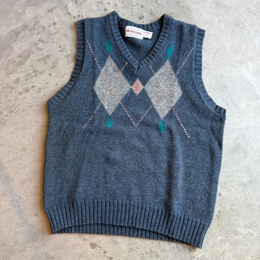 Vintage McGregor Argyle Sweater Vest Mens Large Blue Wool Blend V-Neck Knit